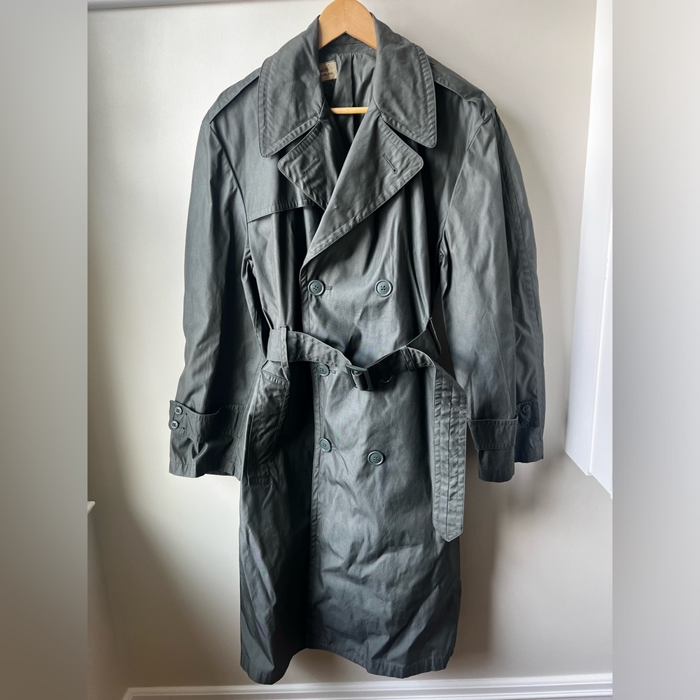 Military Green Double Breasted Longline Trench Coat Long Classic Belted 40S